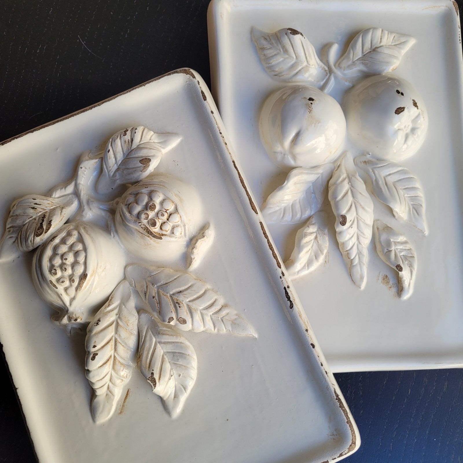 Set of 2 VIETRI ITALY Apples Pomegranate Fruit Rustic White Ceramic Wall Plaques