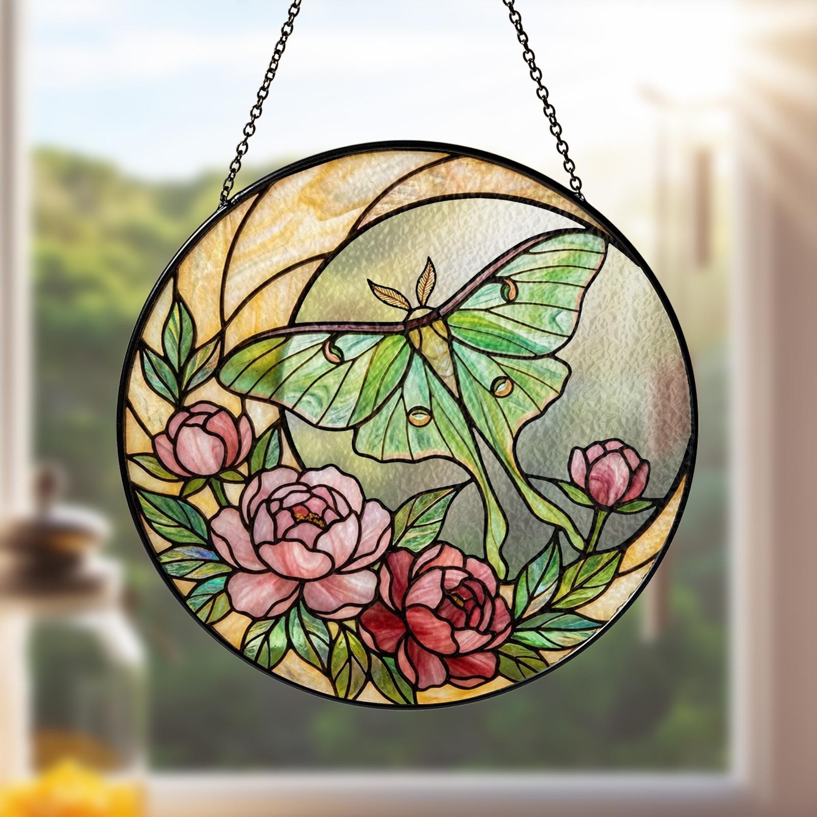 Luna Moth Butterfly Boho Suncatcher, Green Moth Window Hanging Gift