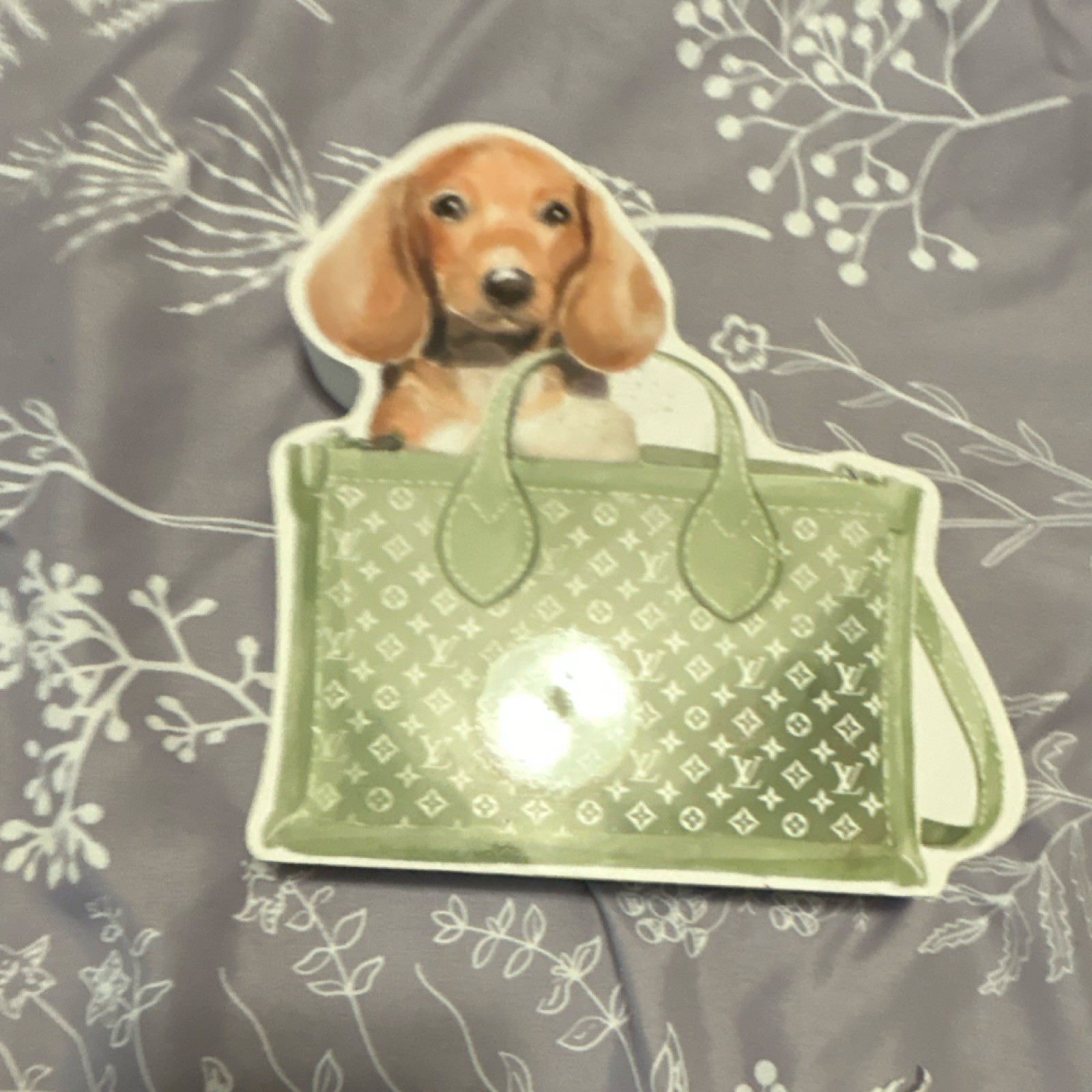 Modern Glossy Wood Sign Dog in Purse Decorative Green White Animal Plaque