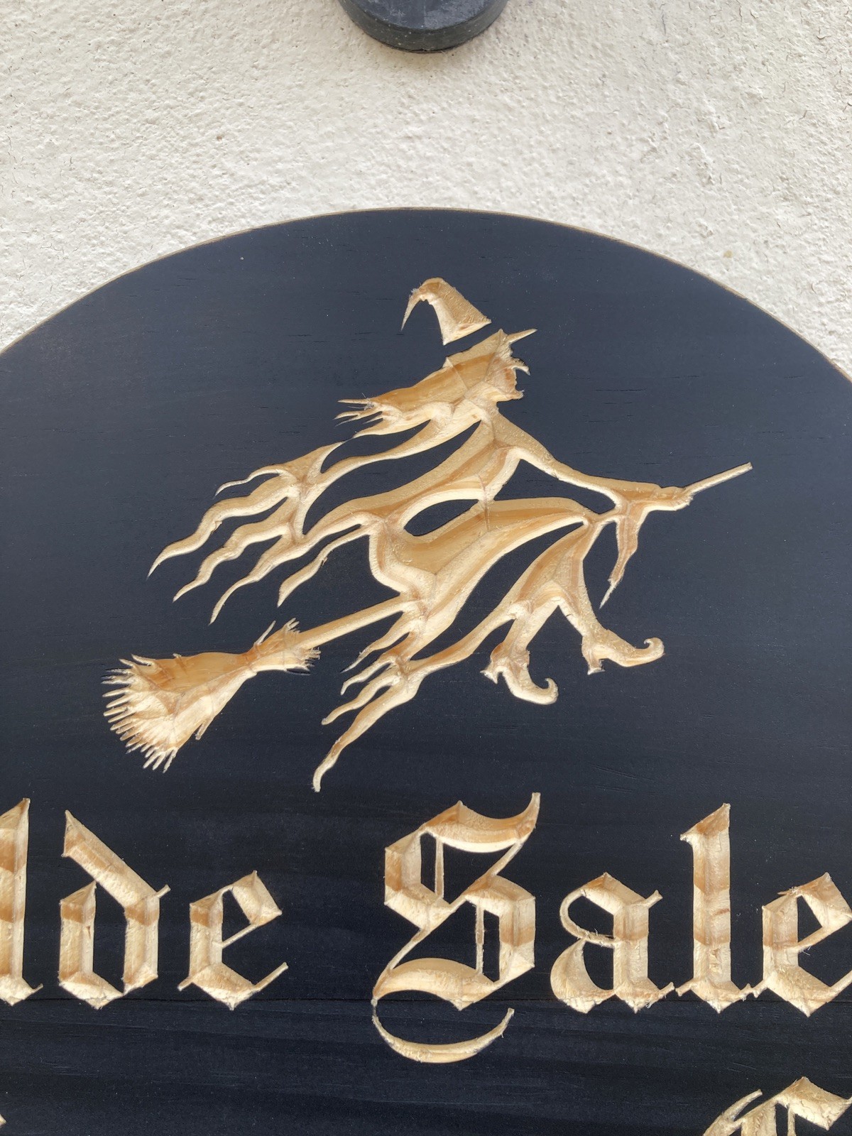 Halloween Salem Witch Broom Wooden Sign Carved Rustic Antique Look