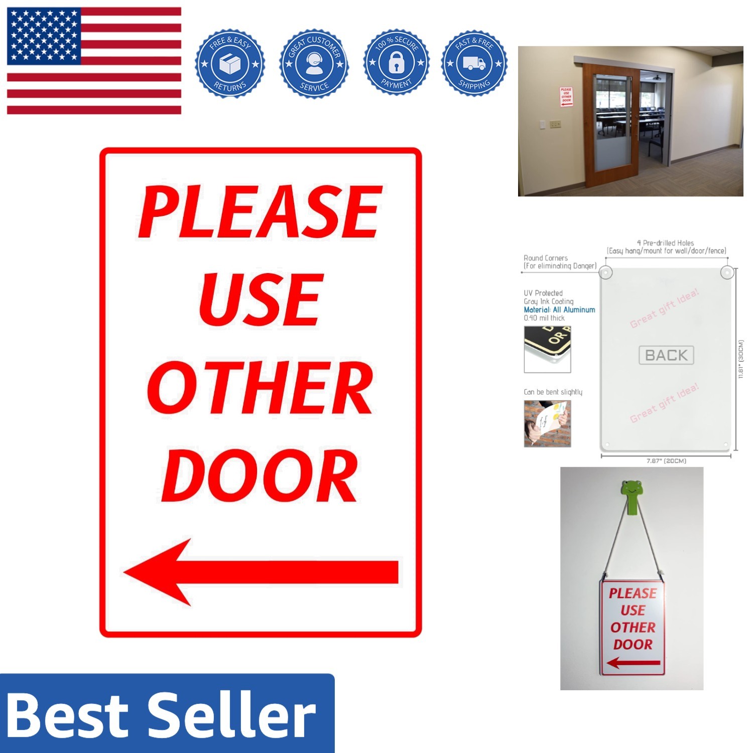 Elegant ‘Please Use Other Door’ Sign with Left Arrow, 12×8 Inches, Easy Mount