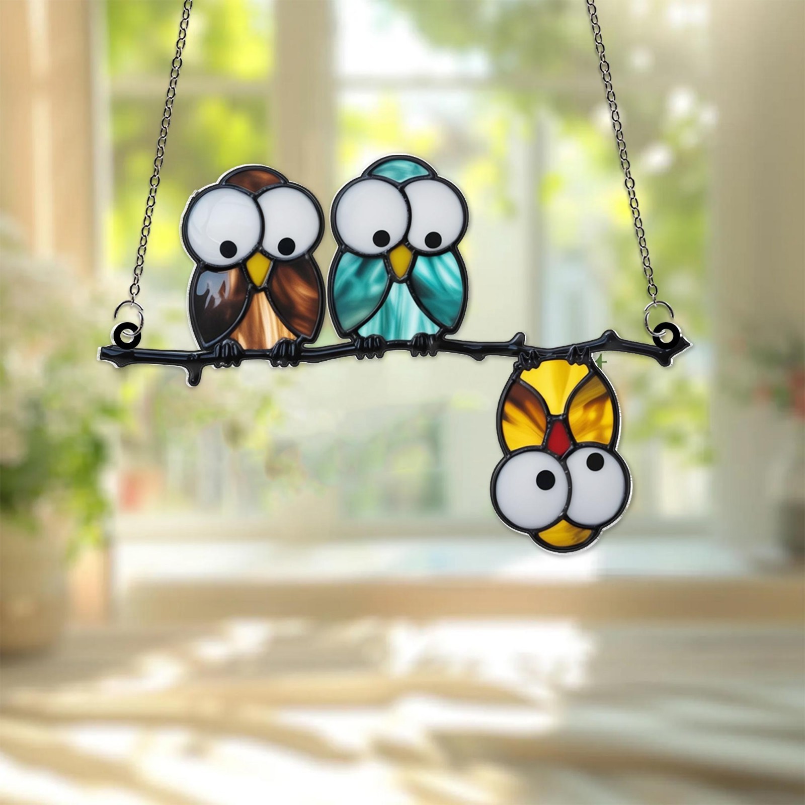 Multicolor Owls on a Branch Acrylic Suncatcher, Funny Hanging Acrylic Owl