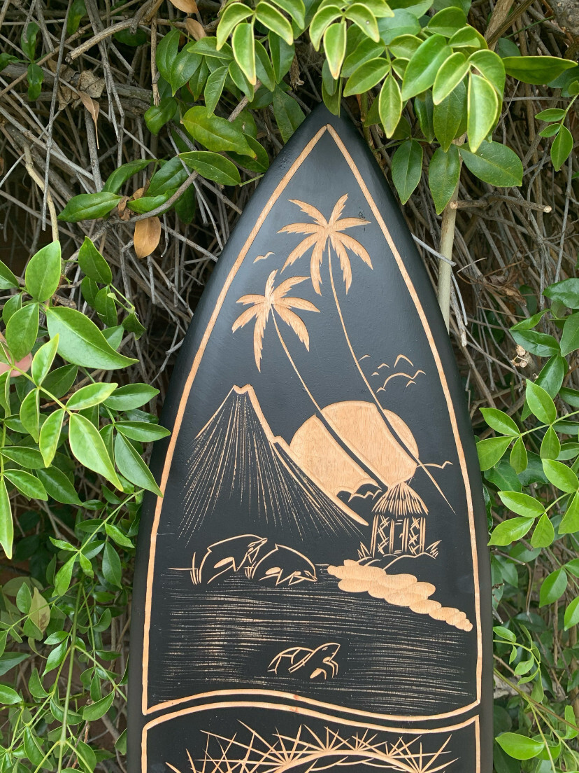 Sea Turtle, Surfer, Tropical Island Surfboard Wood Carving Wall Plaque 39″x 10″
