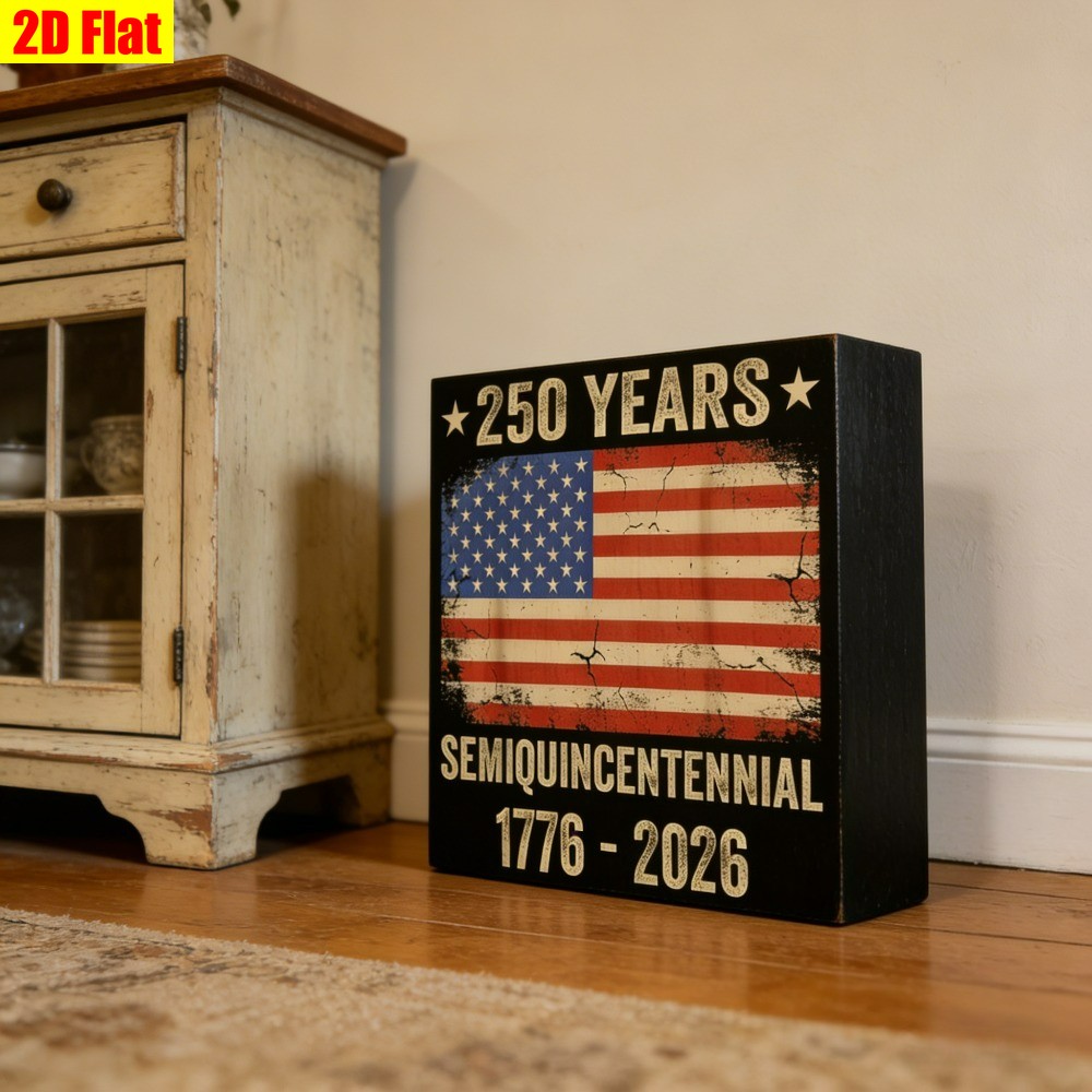 America 250th Independence Day Wooden Box Sign Vintage Flag Desktop Shelf Decor