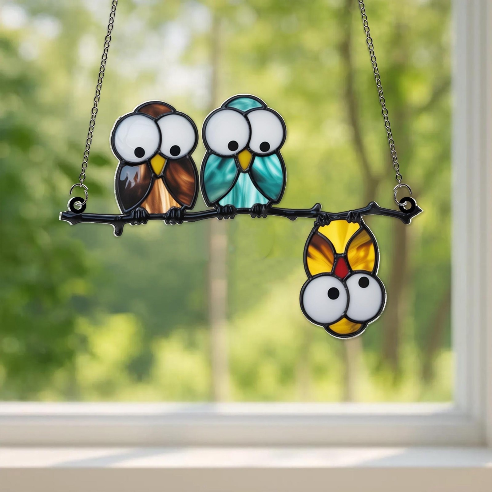Multicolor Owls on a Branch Acrylic Suncatcher, Funny Hanging Acrylic Owl
