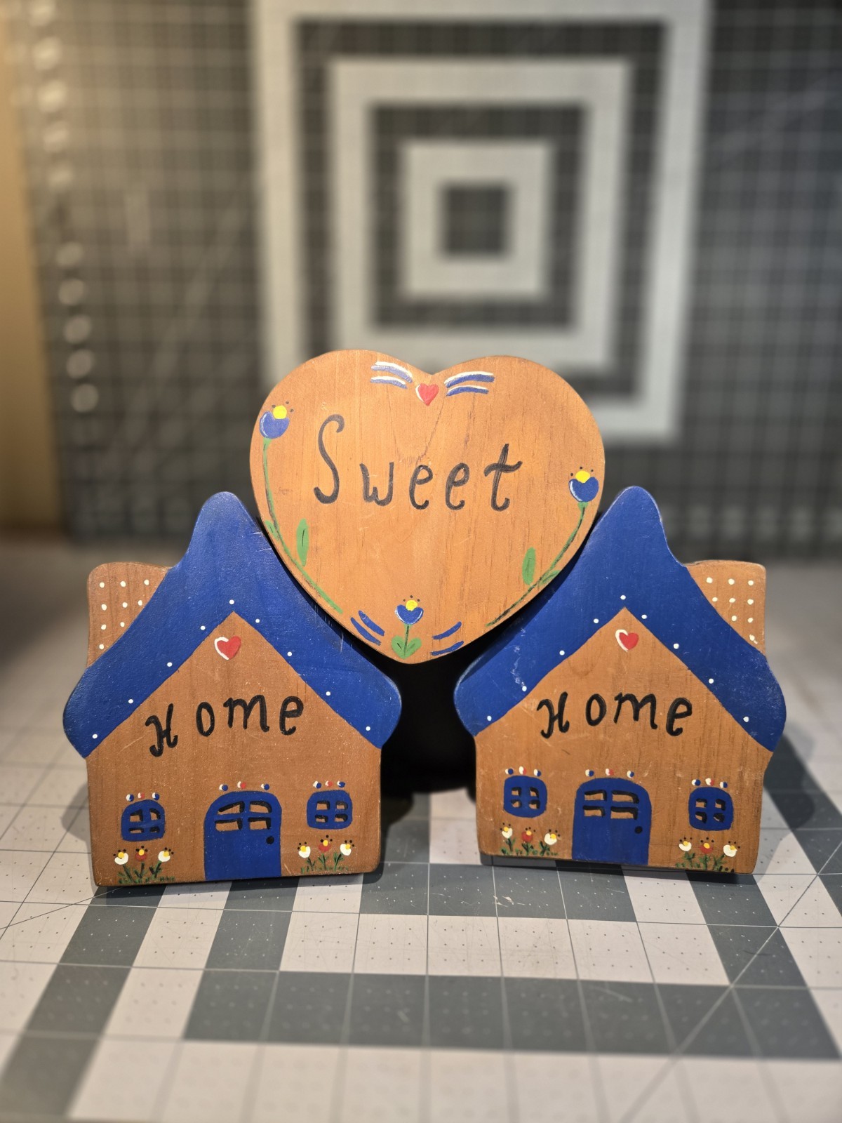 VTG Home Sweet Home 3 Pcs Wooden Wall Decor Houses Heart Rustic Country 1980s