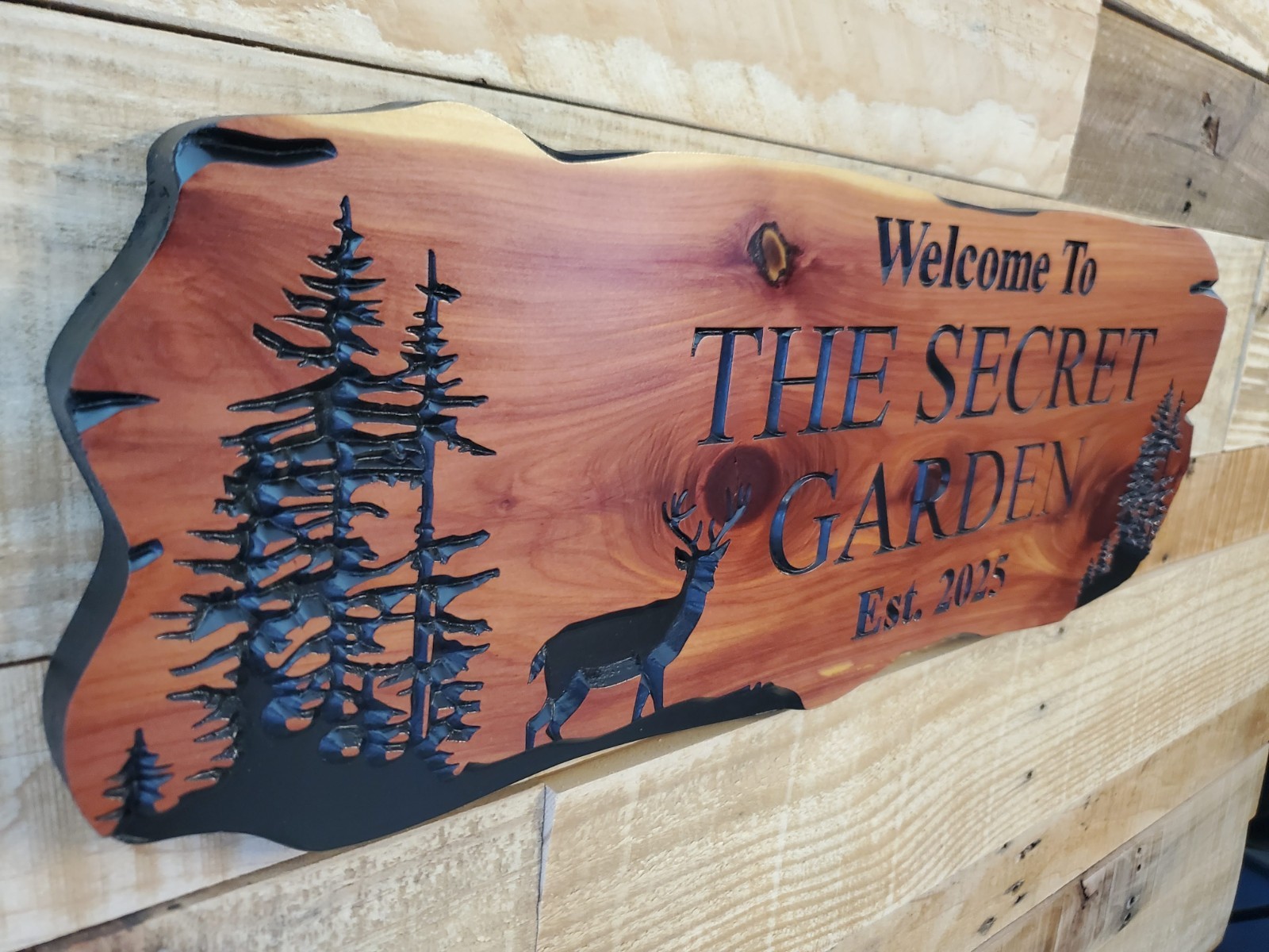 Custom Dear Sign Carved Wood Name Mountain Lake Home House Outdoor Plaque
