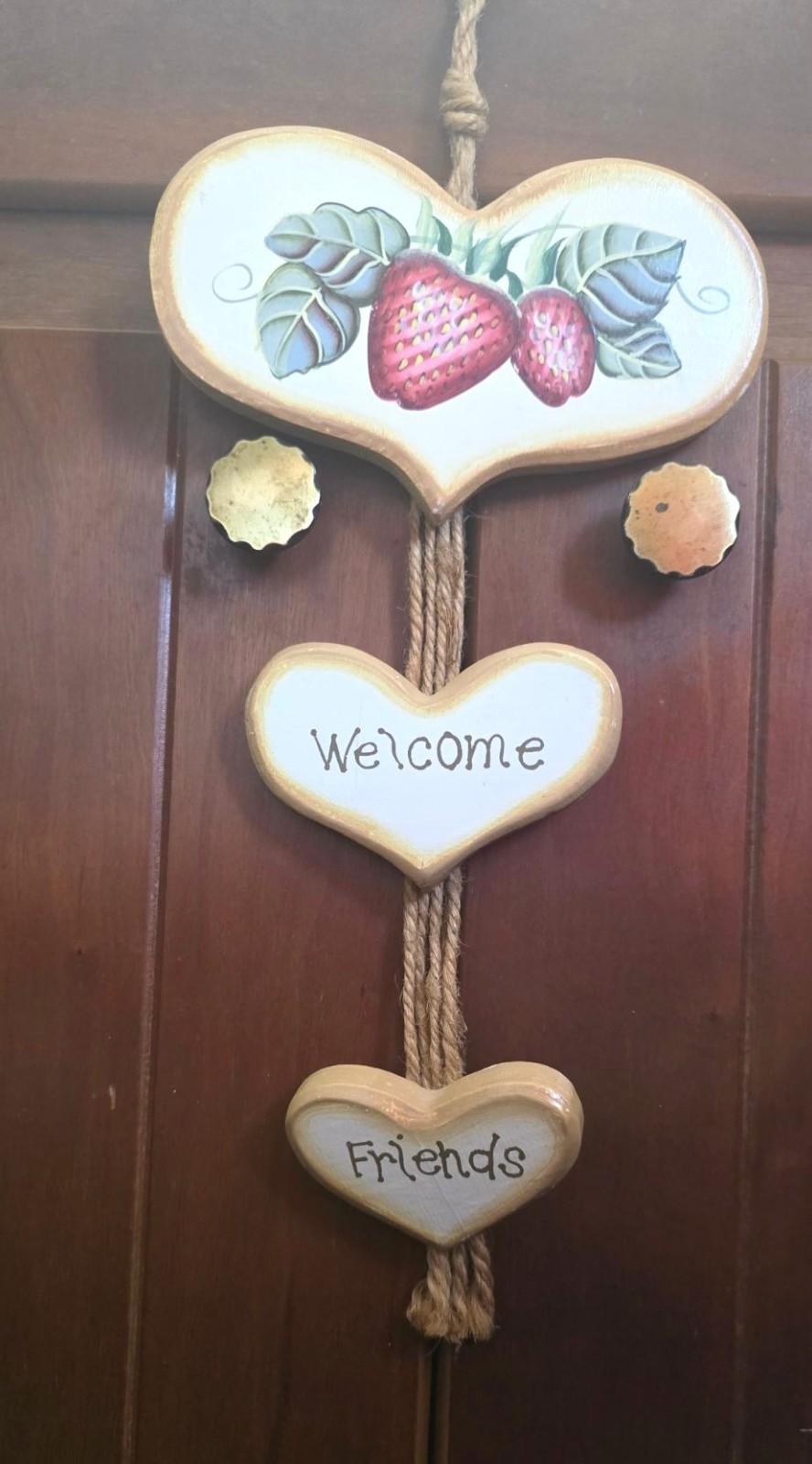 Hand-Painted Wooden Heart “Welcome Friends” Strawberry Design Cottagecore Decor