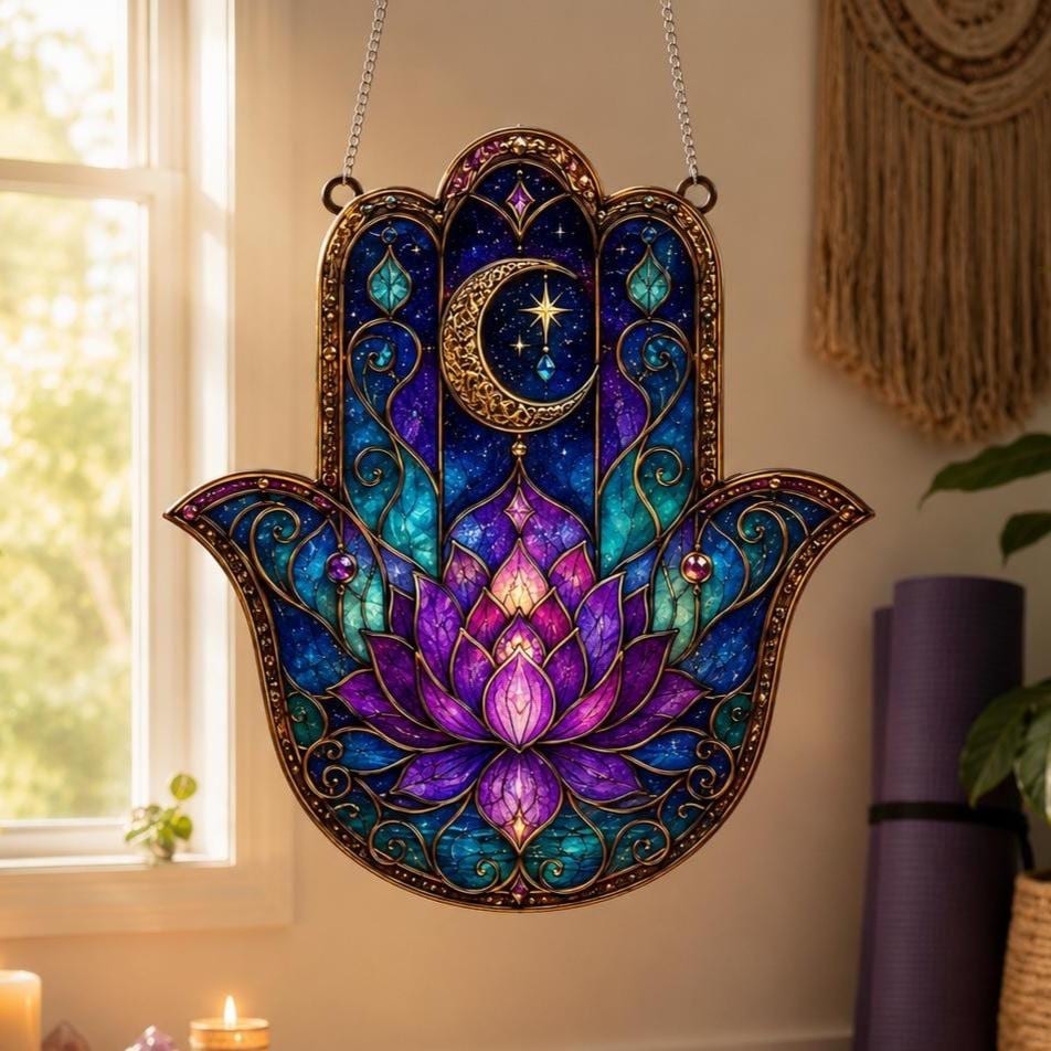 Acrylic Hamsa Hand Suncatcher, Celestial Lotus Flower Window Hanging