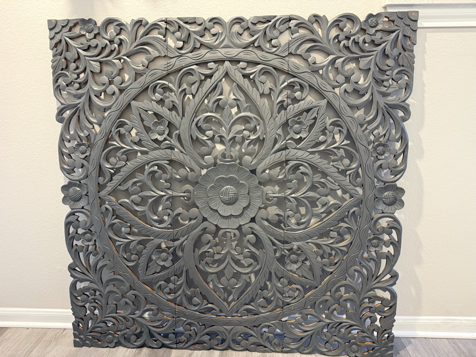 Wall Art 3 Panels Floral Mandala Latticework Design Teak Wood Handcrafted 48”