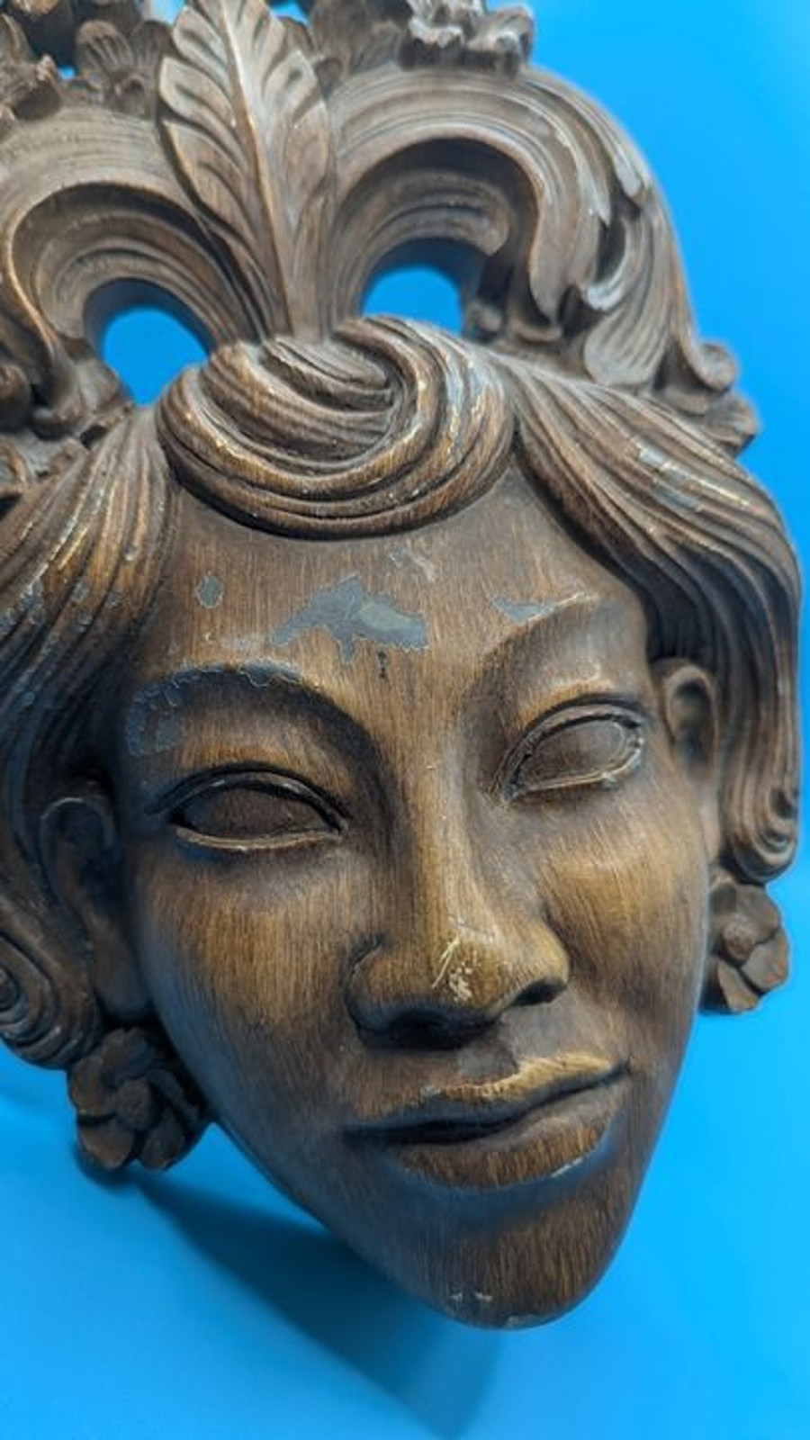 VTG MCM Wooden Lady Face Mask Wall Hanging Art Decor Asian Design Plaque 10″