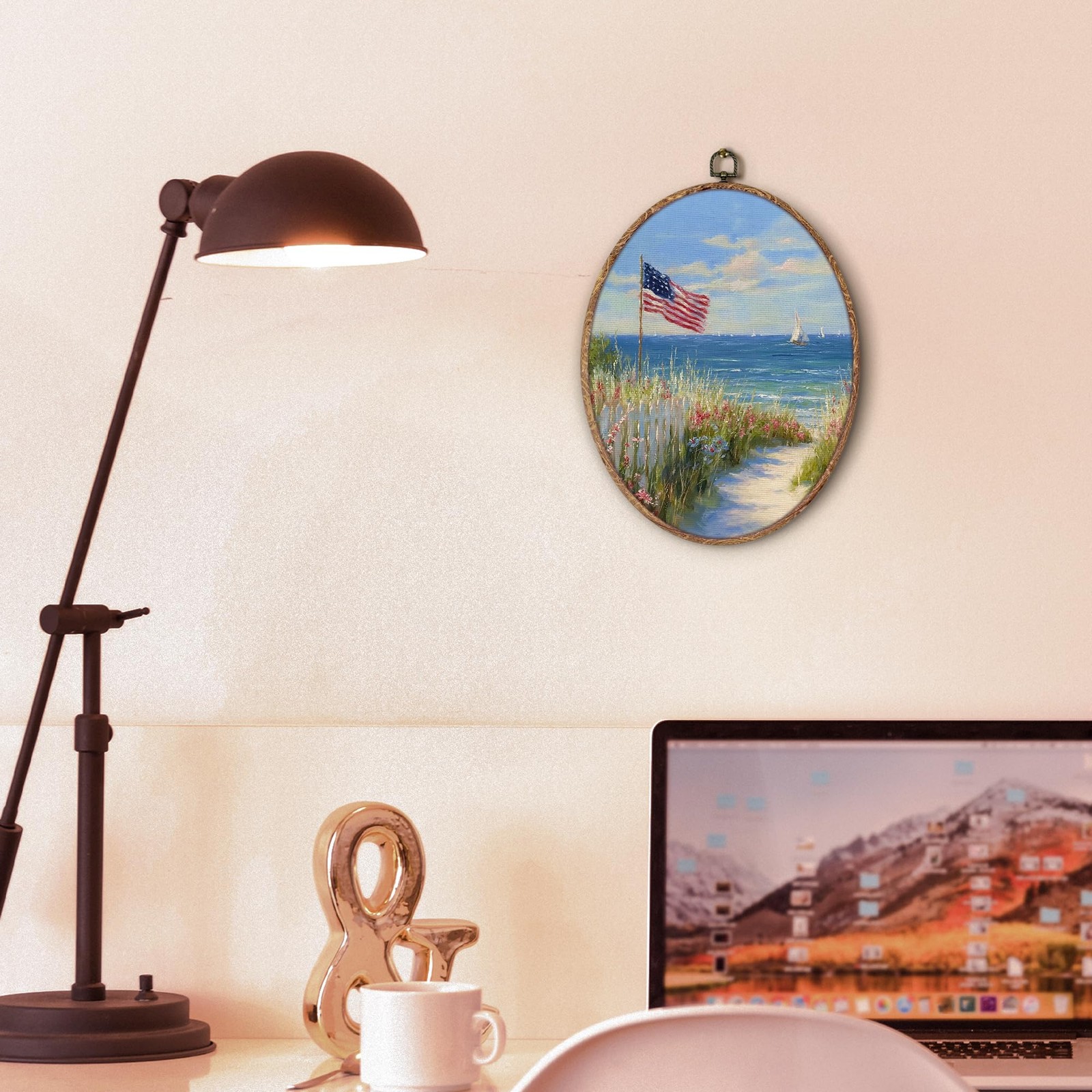 Coastal Beach American Flag Oval Wall Art Framed, 4th of July Patriotic Oval …