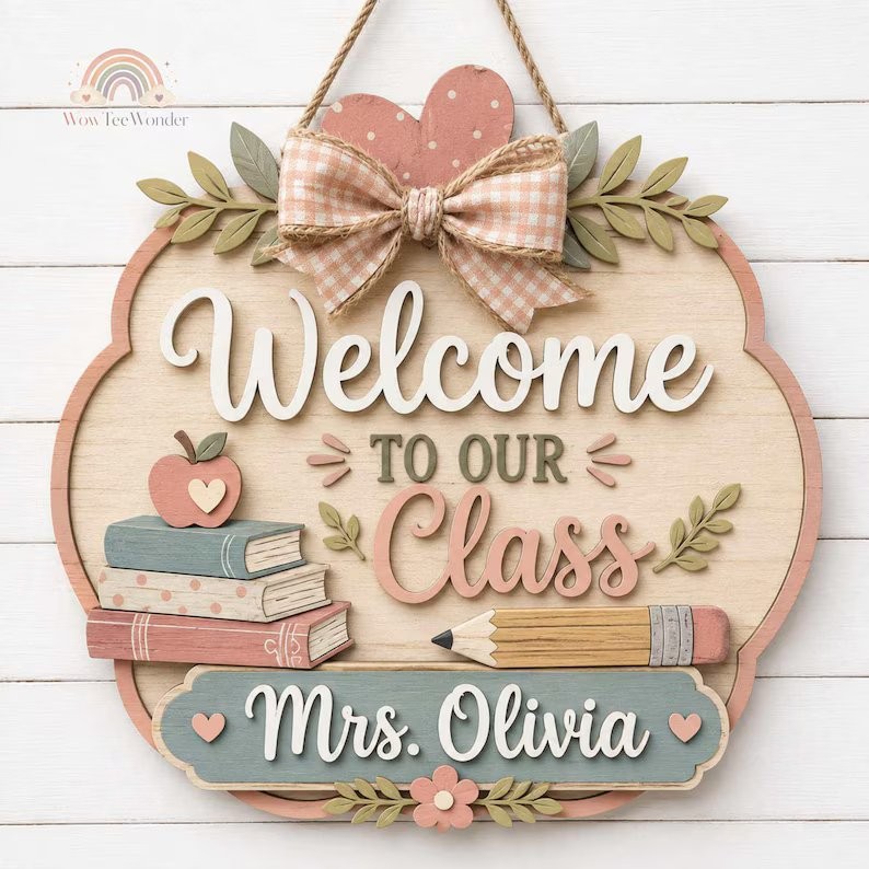 Personalized Teacher Wooden Door Sign, Custom Name Classroom Decor