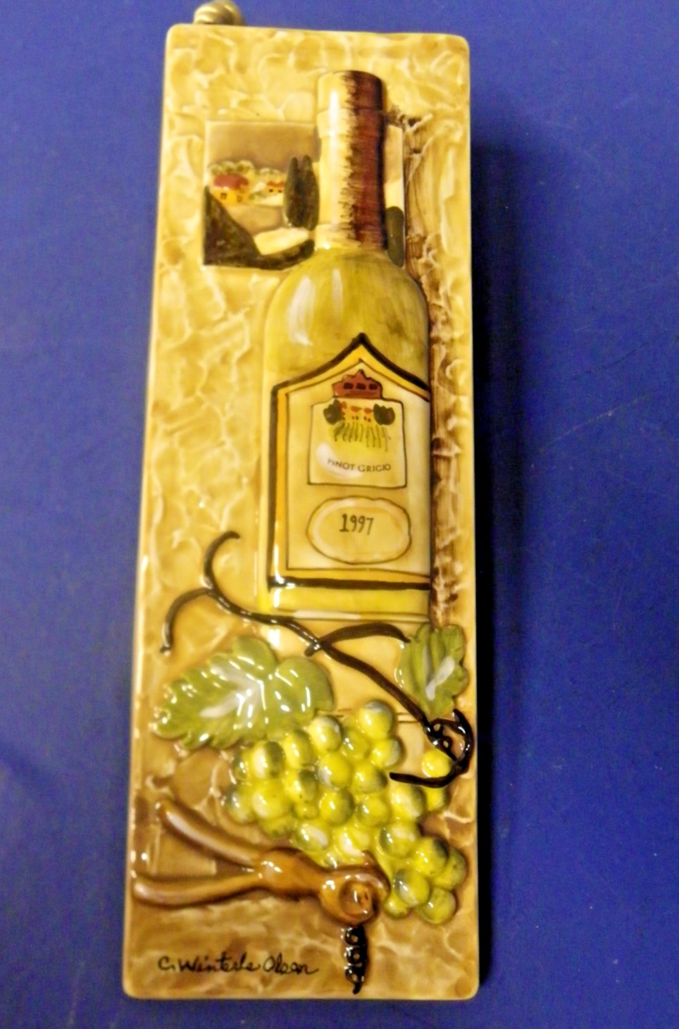 Wall Art 3D Plaque Glossy Ceramic Wine /Grapes Signed C. Winterle Olson 12″ x 4