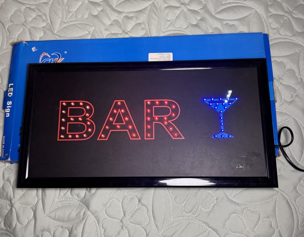 LED BAR Lighted Hanging Wall Sign, Black Frame, Red/Blue Letters, Rectangle