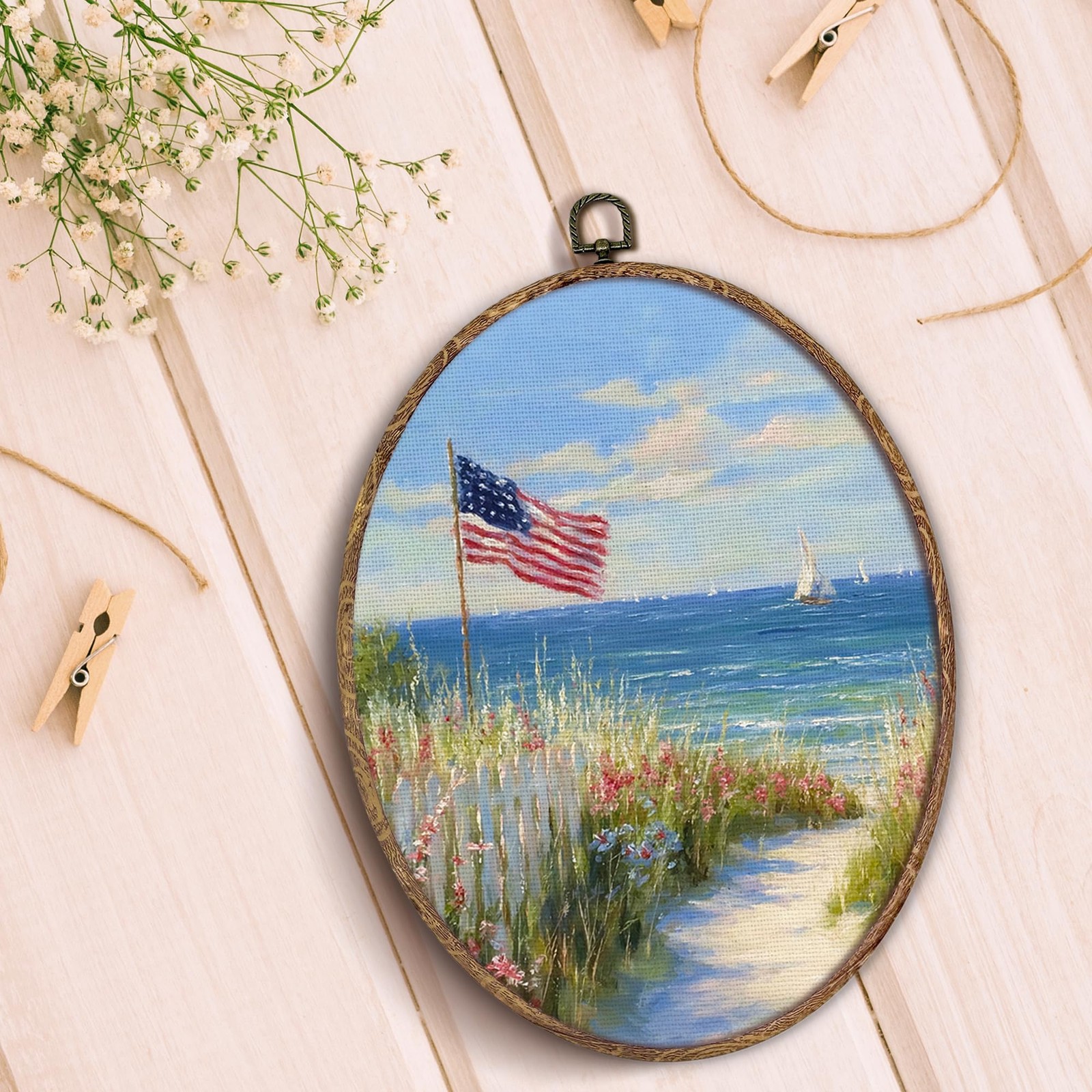 Coastal Beach American Flag Oval Wall Art Framed, 4th of July Patriotic Oval …