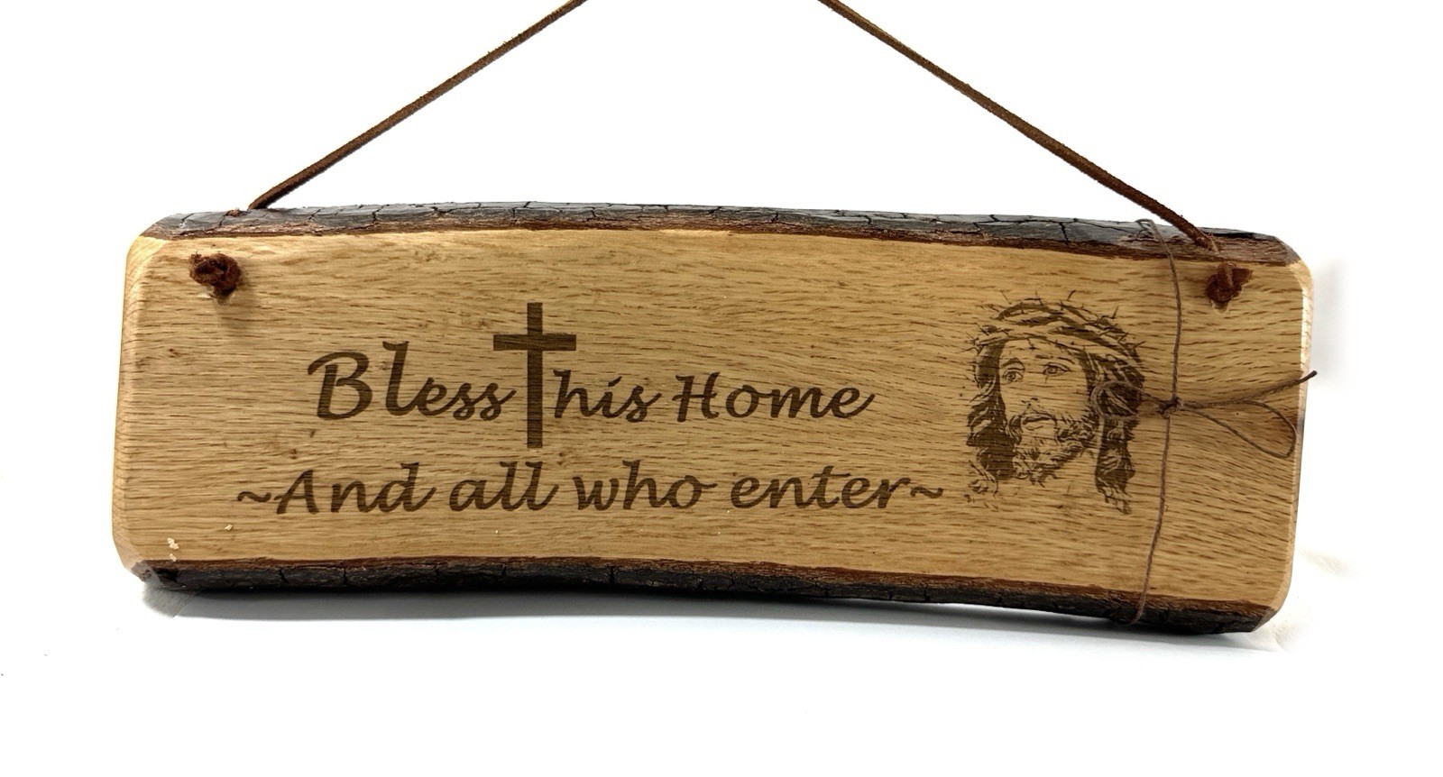 Handmade Oak Live Edge Wood Sign Bless This Home And All Who Enter Jesus Plaque
