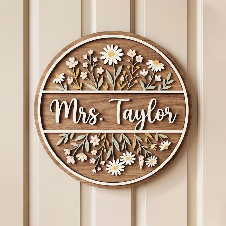 Floral Teacher Door Hanger, Personalized Name, Boho Classroom Decor
