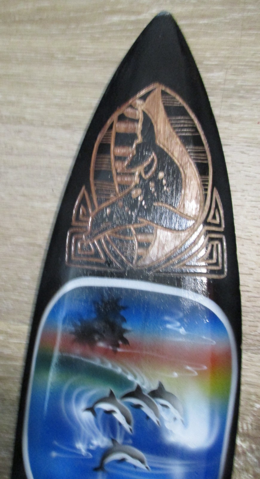 WOODEN ENGRAVED SOUTH BEACH ,DOLPHINS, SURFBOARD WALL HANGING 24 in L. X6 in W