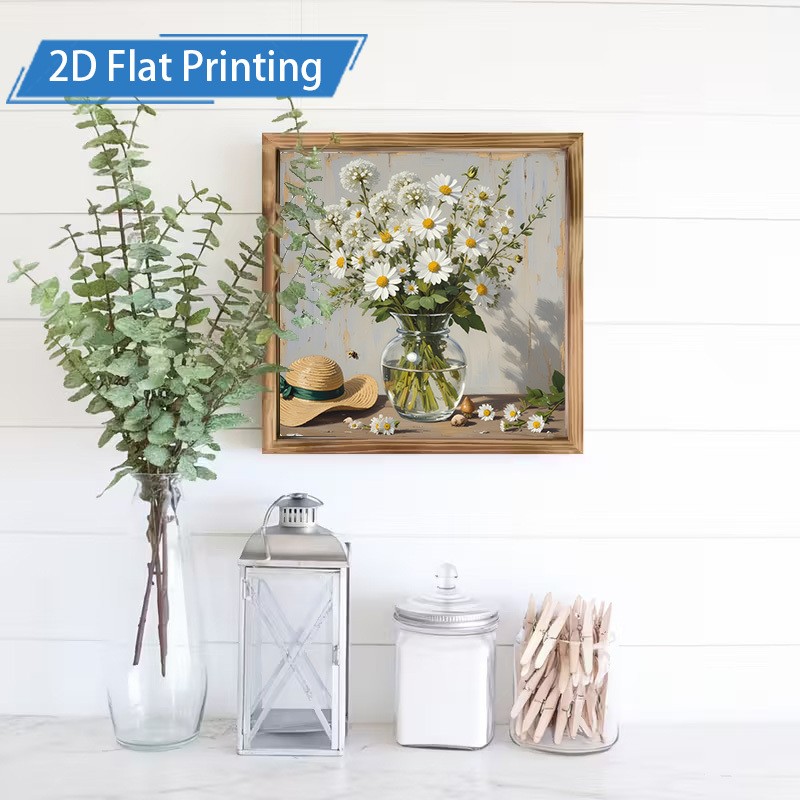 Rustic Textured White Daisy Flower Vase Bee Art Wooden Sign Living Room Wall