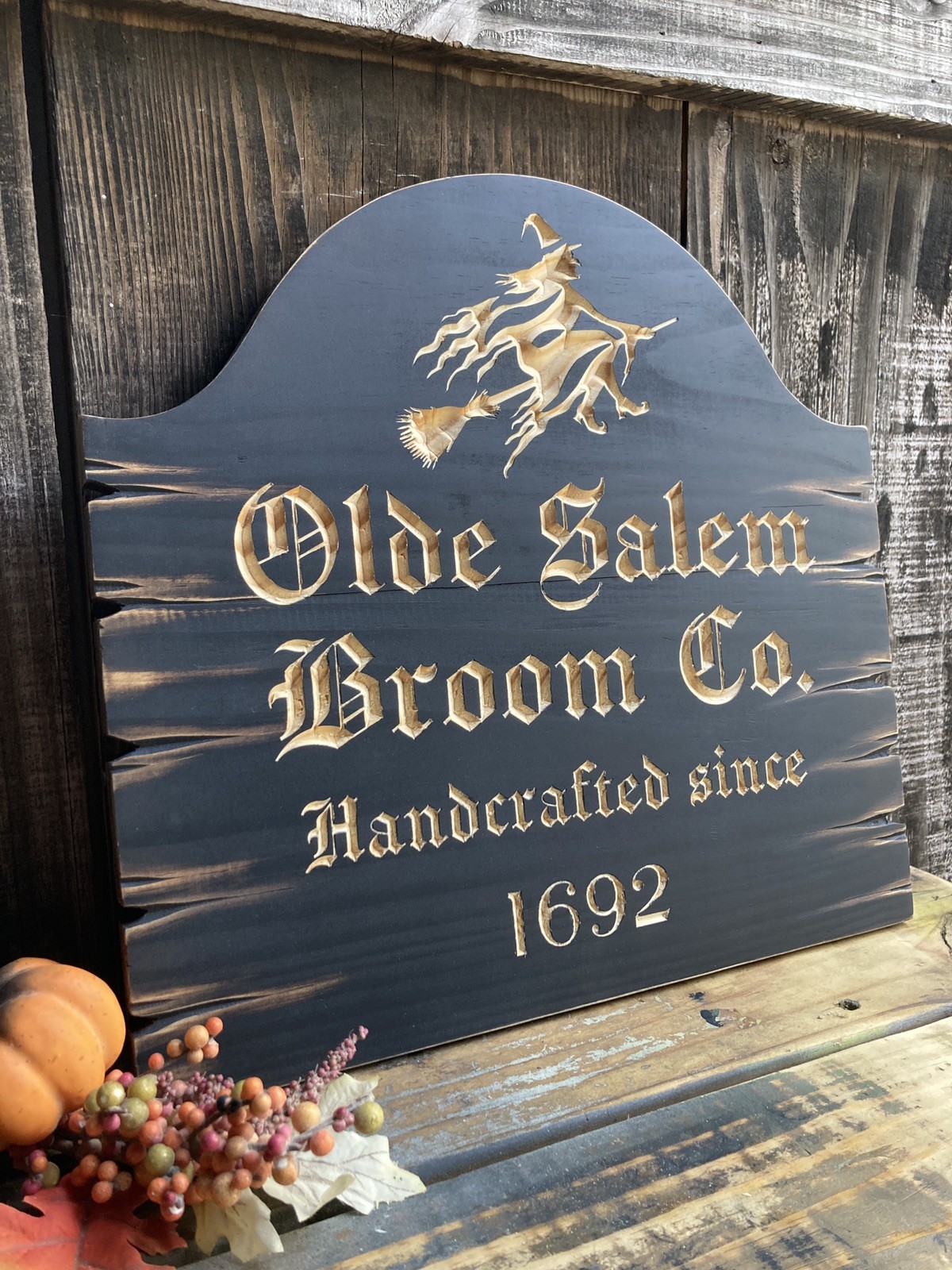 Halloween Salem Witch Broom Wooden Sign Carved Rustic Antique Look
