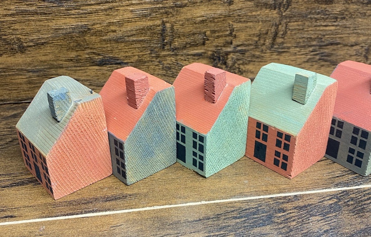 Primitive Wooden WELCOME Block Set House Village Shelf Sitter Folk Art Decor