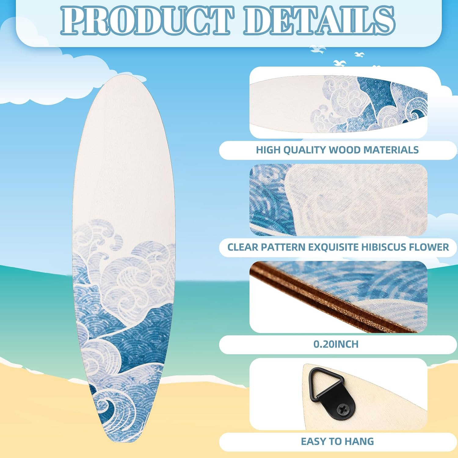 3 Piece Wooden Surfboard Wall Decor for Beach-Inspired Bedroom or Living Room