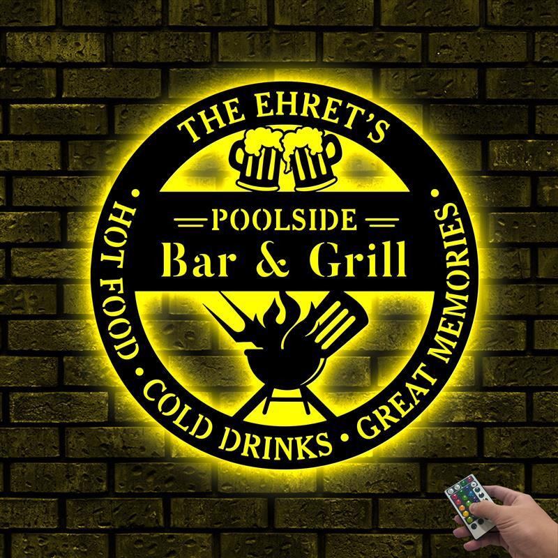 Poolside Bar and Grill Metal Wall Art With Led Lights, Poolside and Bar, Bar BBQ