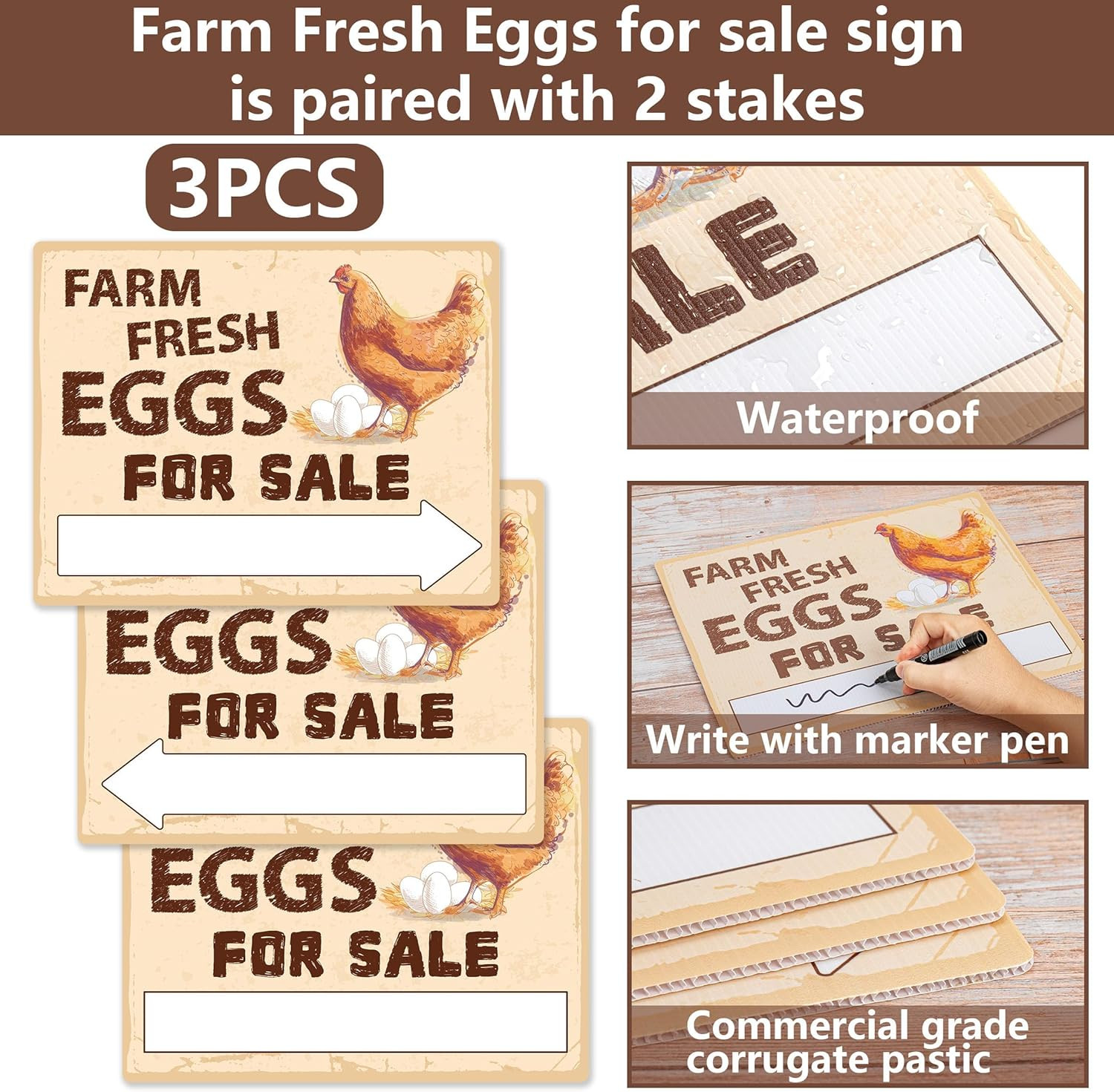 Farm Fresh Eggs Sign Double Sided Corrugated Plastic Yard Stake 3 Pack