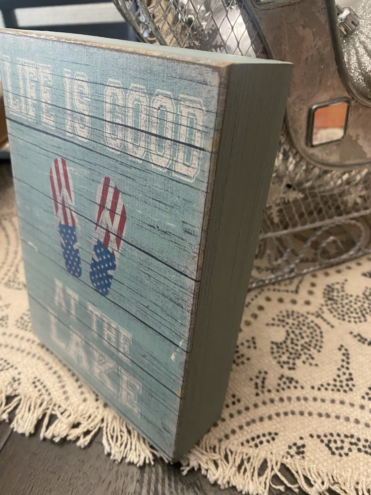 New Life Is Good at the Lake Small Wood Sign Flip Flops
