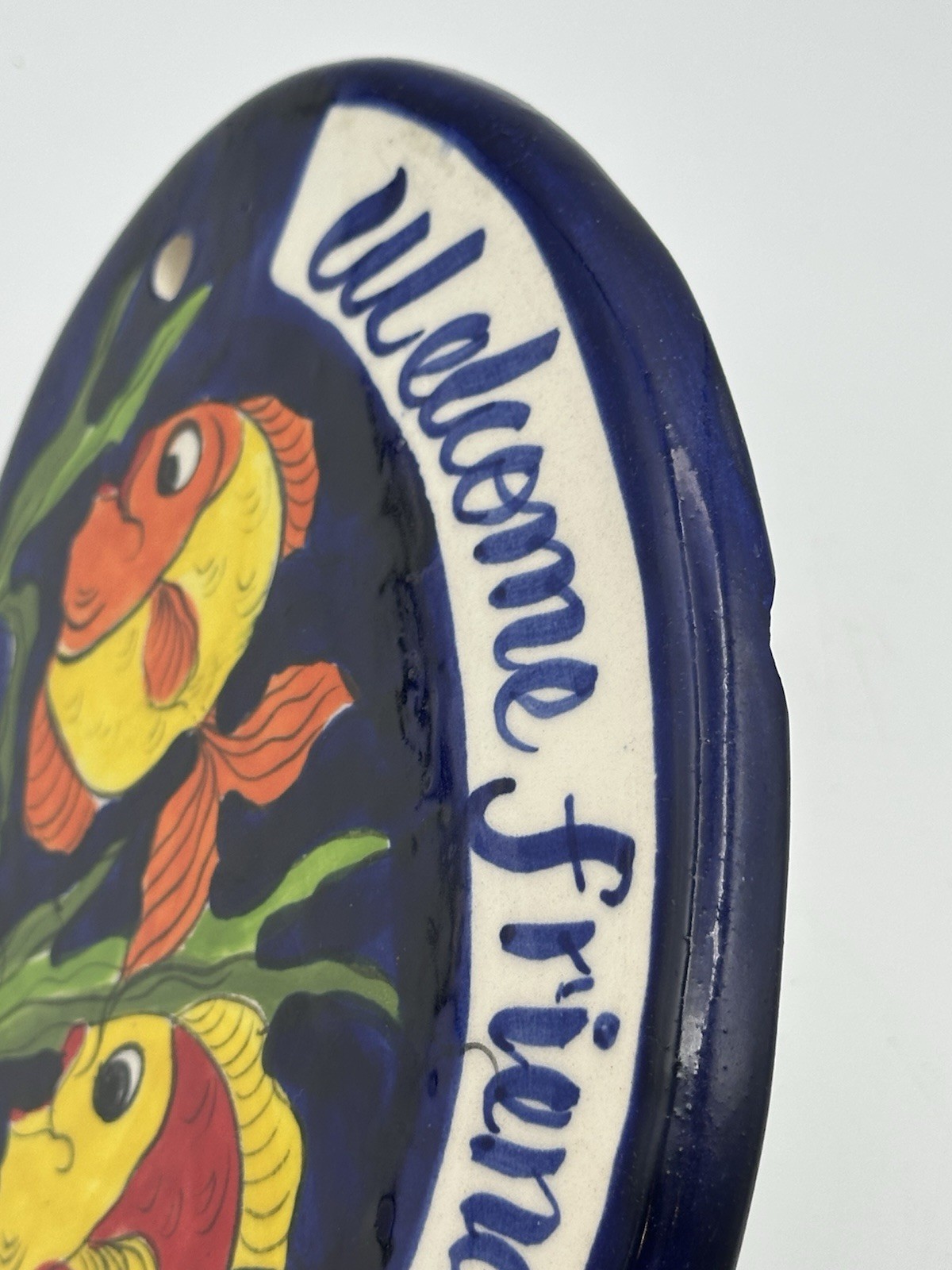 Welcome Friends Tile Hand Painted Fish Scene Oval