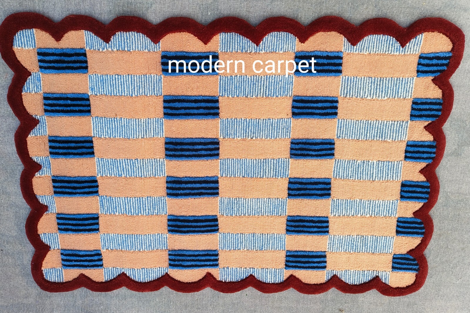 Handmade Checkered Wool Rug Blue Red | Scalloped Geometric Carpet Living Room
