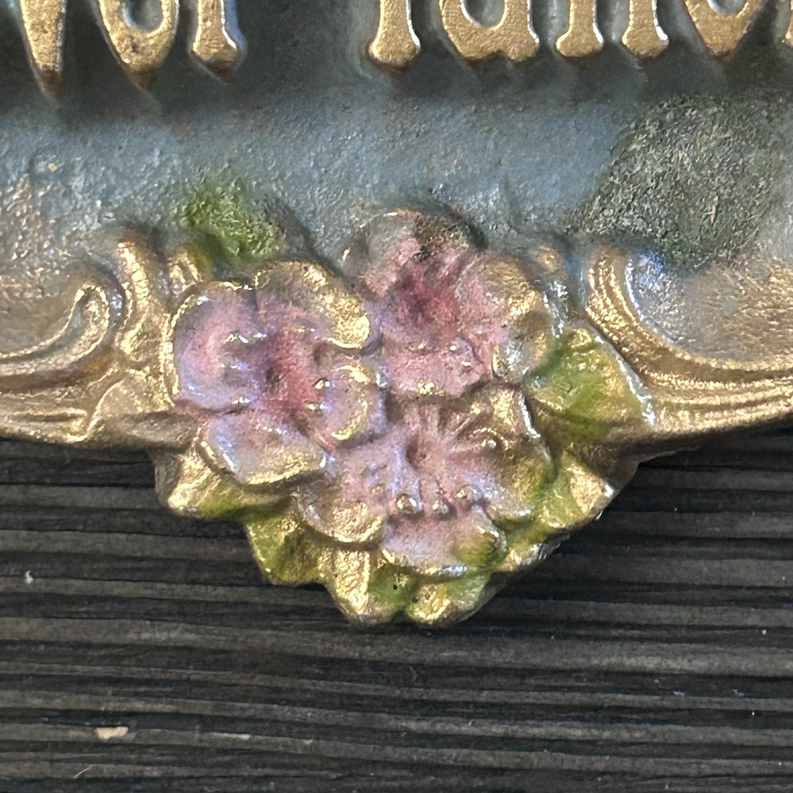 Vintage Metal Wall Plaque “Love Never Faileth” 1928 Ornate Floral Antique 4in