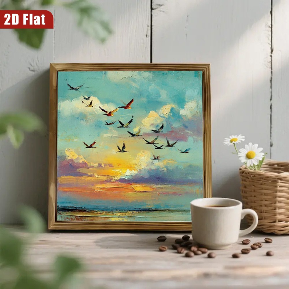 Soft Sunset Sky Flying Seabirds Oil Art Framed Wooden Plaque Home Decor Gift