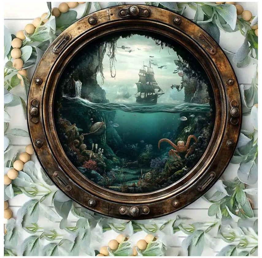 Nautical Ship Porthole Wall Art, Ocean Theme Round Metal Sign, Rust & Waterproo