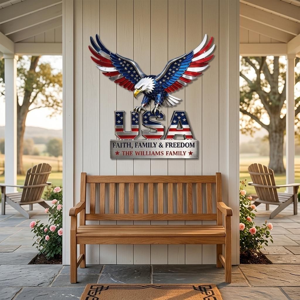 Custom USA Eagle Metal Sign, Patriotic Family Name Wall Art, American Flag Eagle