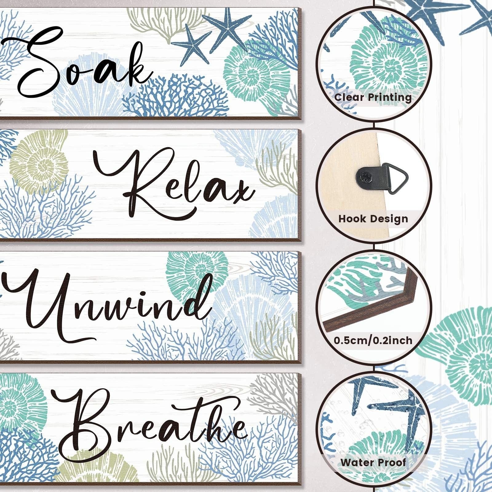 11 X 3.5 Inches Coastal Christmas Decor Set Of 4 Beach Ocean Bathroom Wall Decor