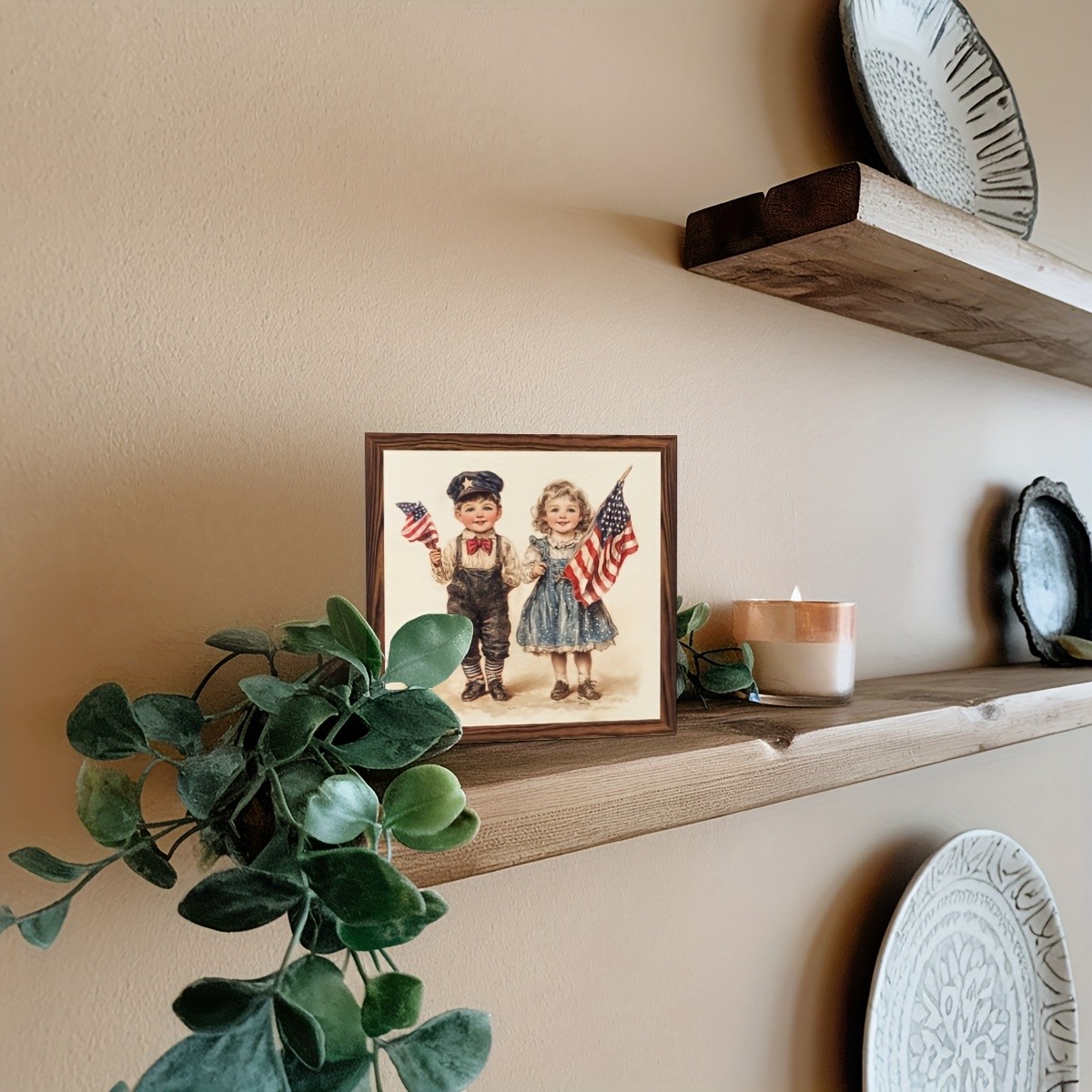 4th Of July Patriotic Children Flag Wooden Plaque Vintage USA Home Decor Gift