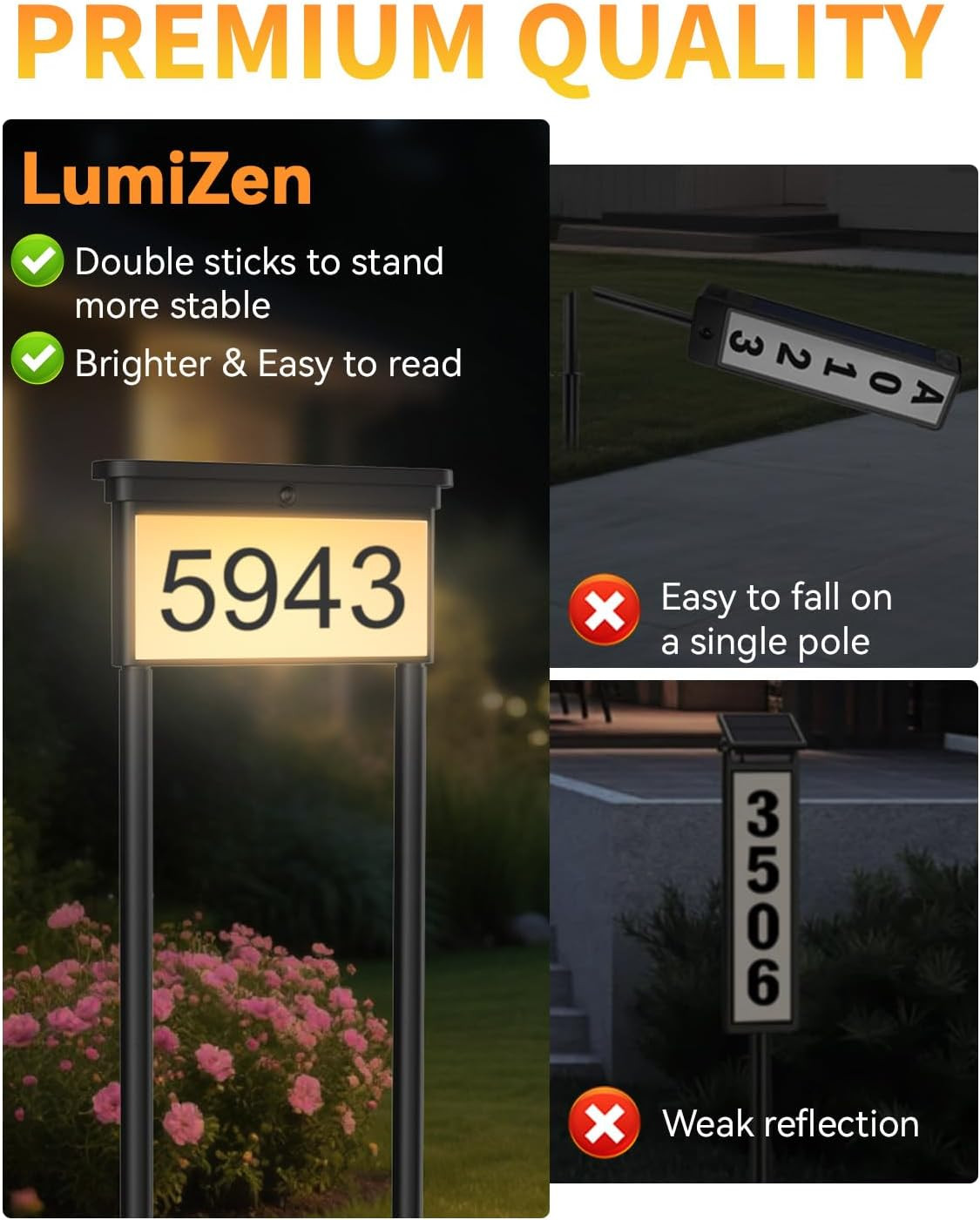 New Upgraded Solar Address Sign,Double Sided Glow House Numbers with Auto On/Off