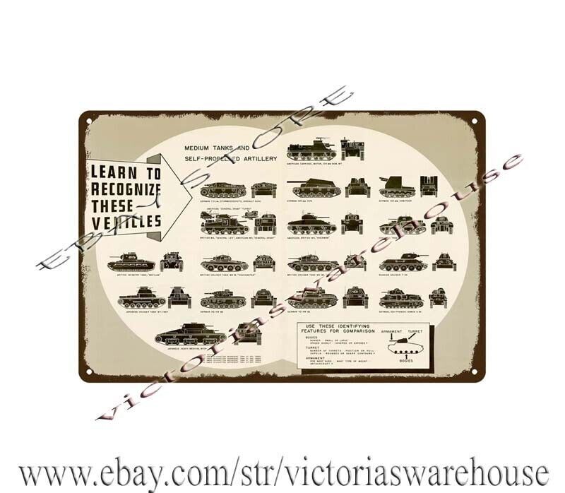 1943 recognize vehicles medium tanks self-propelled artillery ww2 metal tin sign