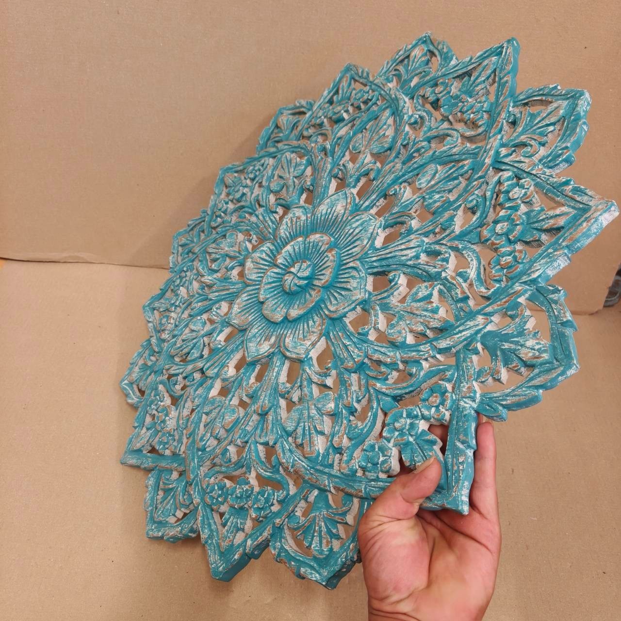 24″ Round Teak Wood Wall Art Hand Carved Floral Mandala Turquoise White RS003