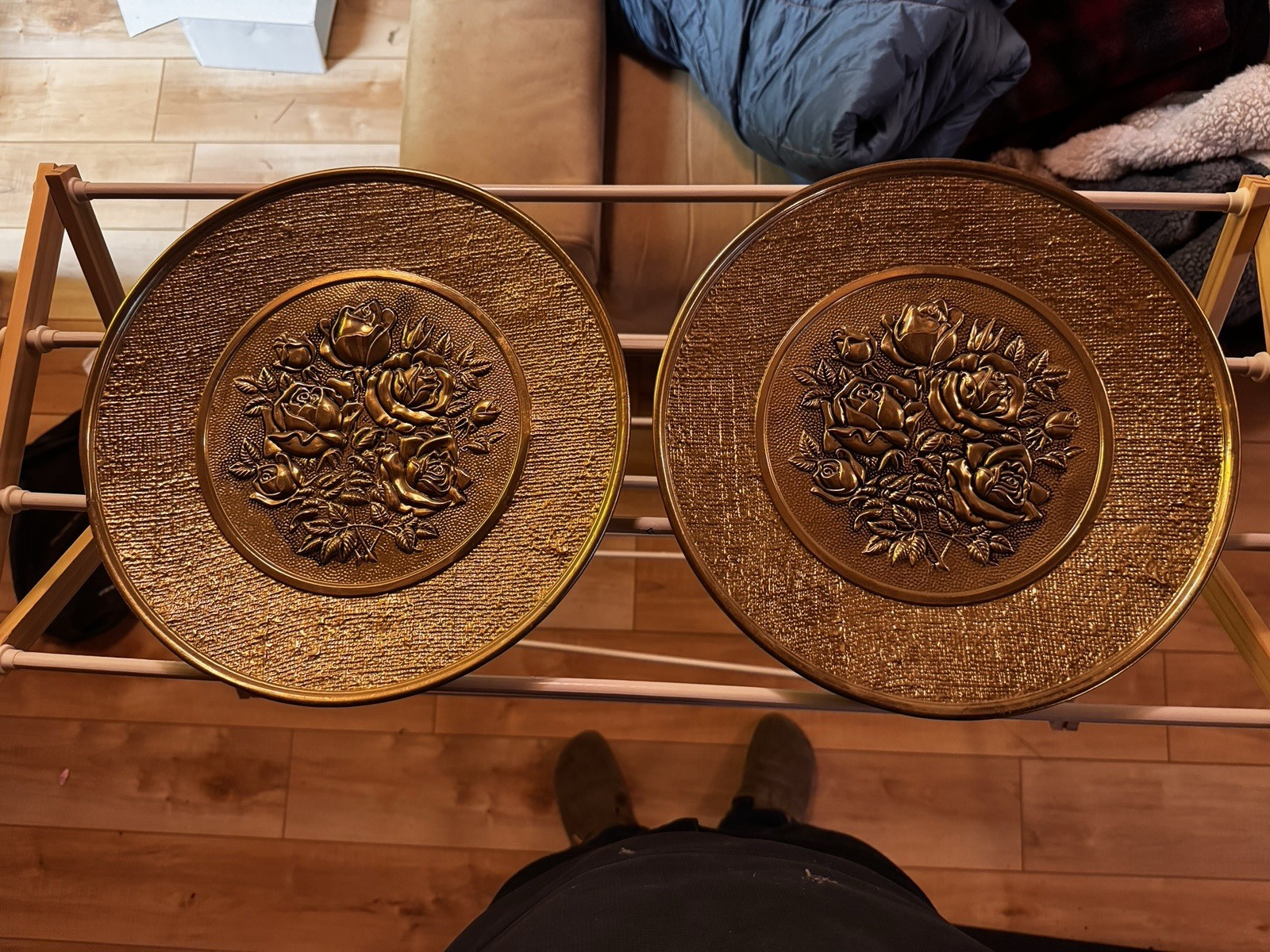 2 Gold Round Embossed Floral Rose Metal Wall Plaques Wall Mounted England