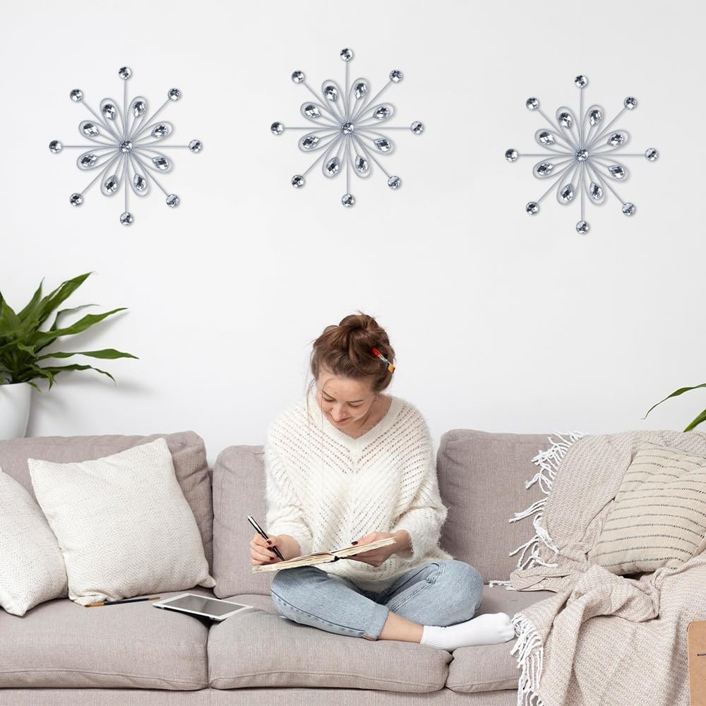 3pcs Silver Metal Flower Wall Art – Jeweled Crystal Decor for Indoor/Outdoor, Li