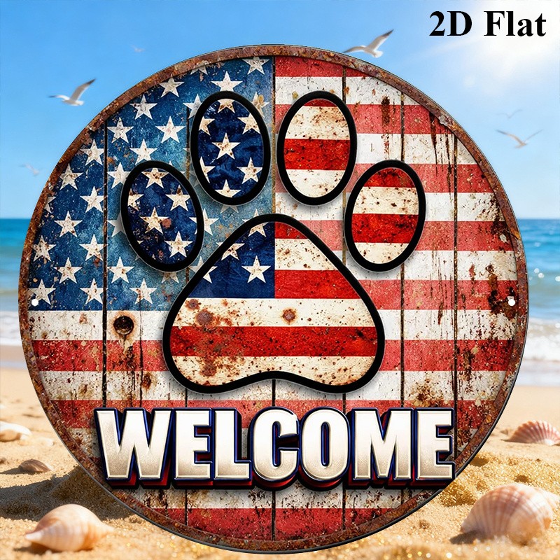 2D “American Flag Paw ” Vintage Patriotic Metal Sign Room Kitchen Garage Decor