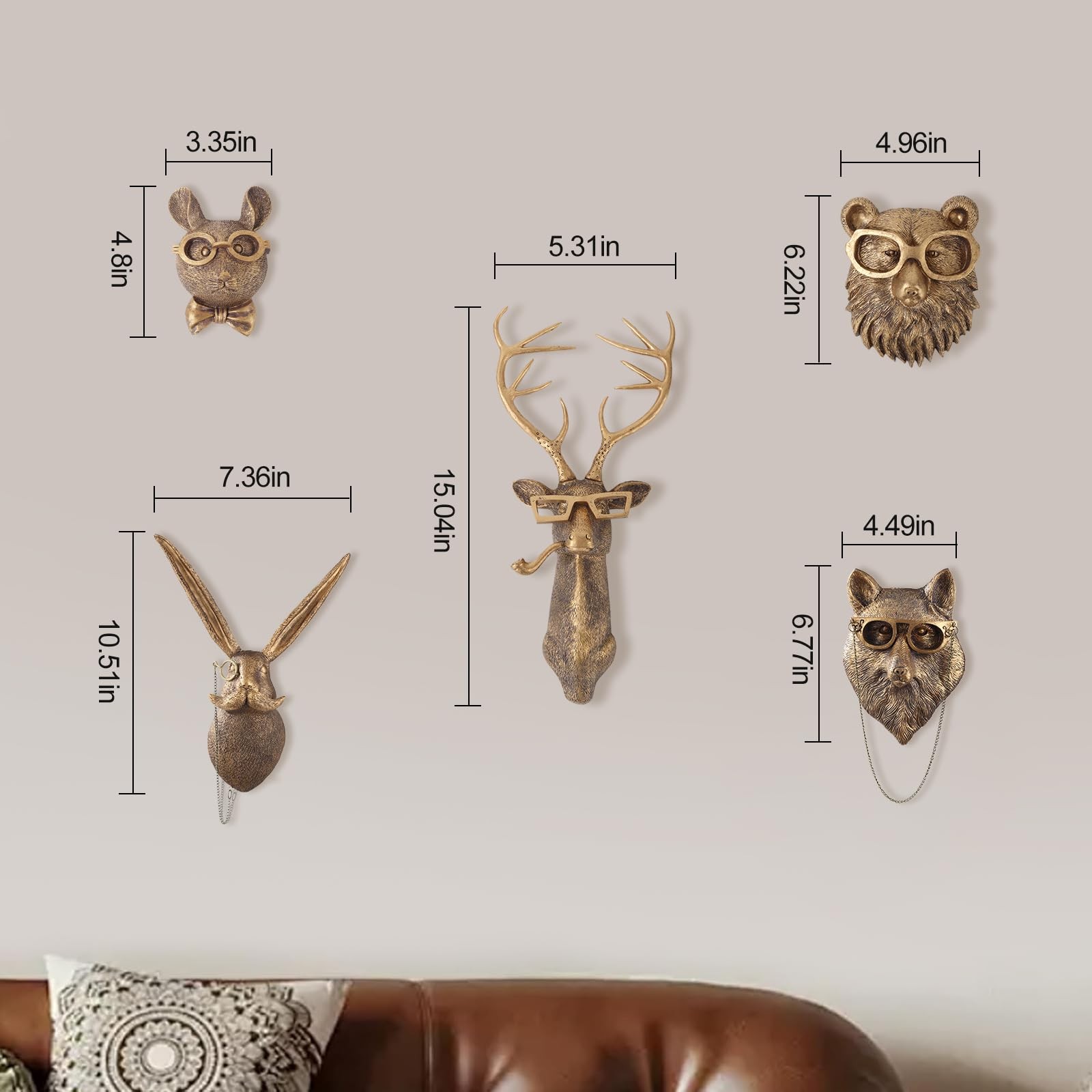 5 PCS Animal Head Wall Decor Gold Sculpture Modern Office Bedroom Art Mount