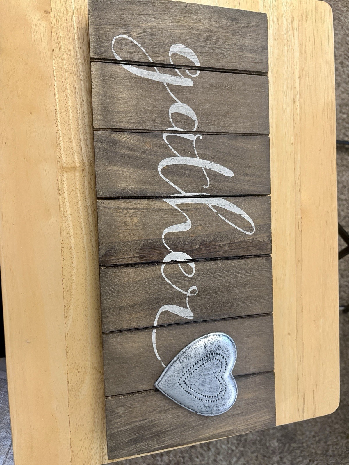 Rustic Wood Slat Wall Gather Sign, Rectangular Plaque w/ Metal Heart Accent