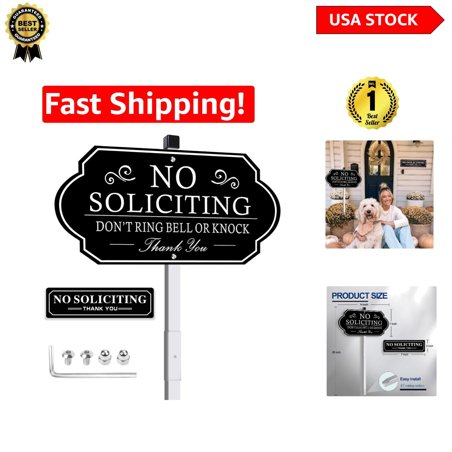 Heavy-Duty No Soliciting Yard Sign 14×7″ – Easy Install & Elegant Design