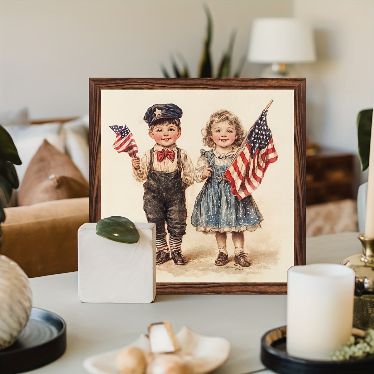 4th Of July Patriotic Children Flag Wooden Plaque Vintage USA Home Decor Gift