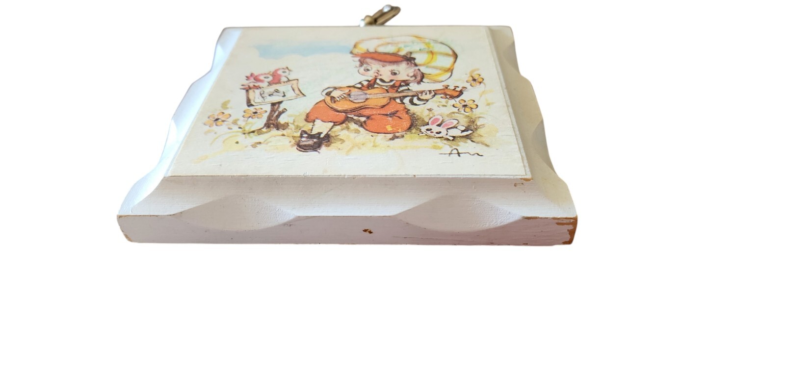 Vintage Girl White Wood Wall Plaque Guitar 5″x5″