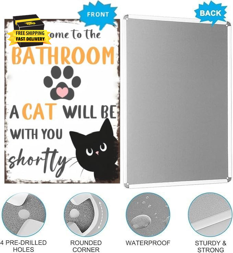 Vintage Tin Metal Sign – Funny Bathroom Black and White Cat Wall Art for Bathroo